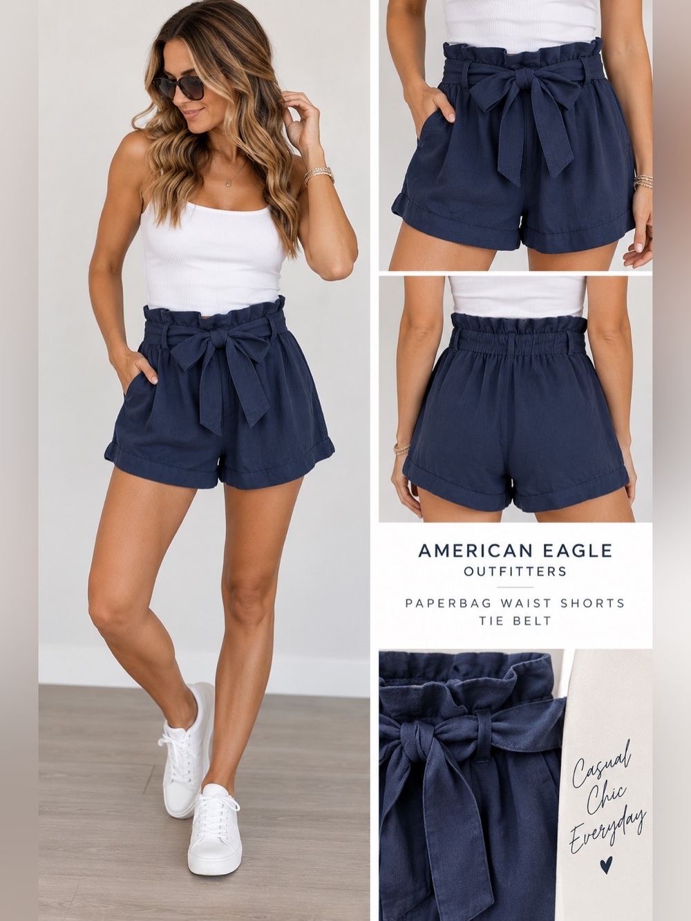 American‎ Eagle Outfitters navy blue paper bag waist shorts tie belt size 0